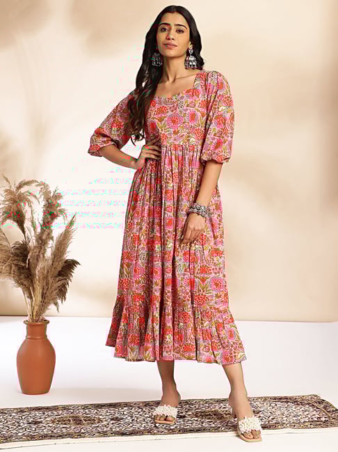 Janasya Multicolor Floral Print Ethnic Dress