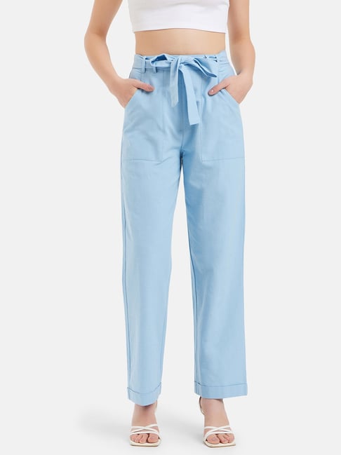 Kazo Blue Linen Straight Fit High Rise Trousers