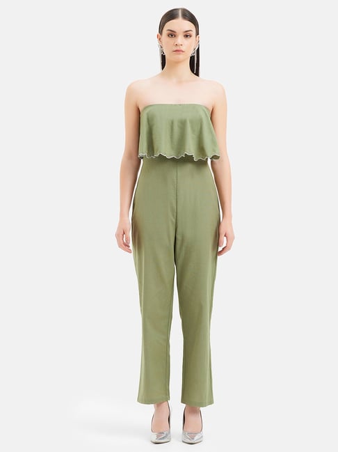Strapless Flounce Belt Plain Jumpsuits Strapless Flounce Belt Plain Jumpsuits