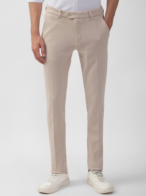 Buy Peter England Men Cream Solid Super Slim Fit Casual Trousers Online