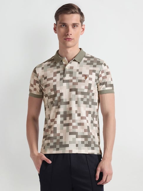 Polo Khaki Muscle Fit Geometric Print Cotton Polo T-Shirt