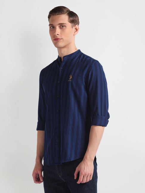 Buy Polo Dark Blue Slim Fit Striped Cotton Shirt for