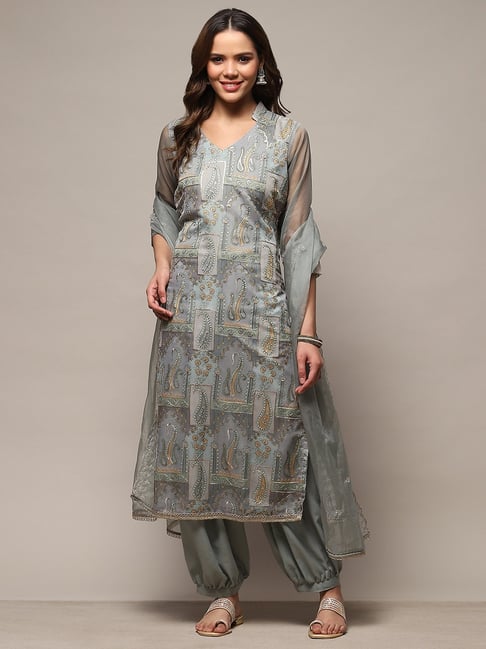 Biba Grey Embellished Unstitched Dress Material