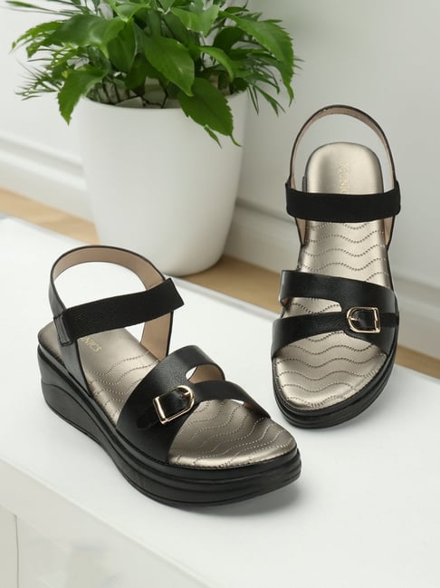 Iconics Women's Black Ankle Strap Wedges