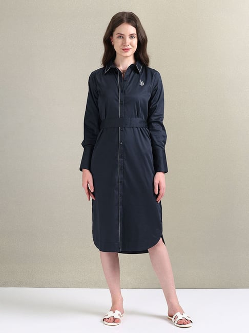 Polo Navy Cotton Printed Shirt Dress