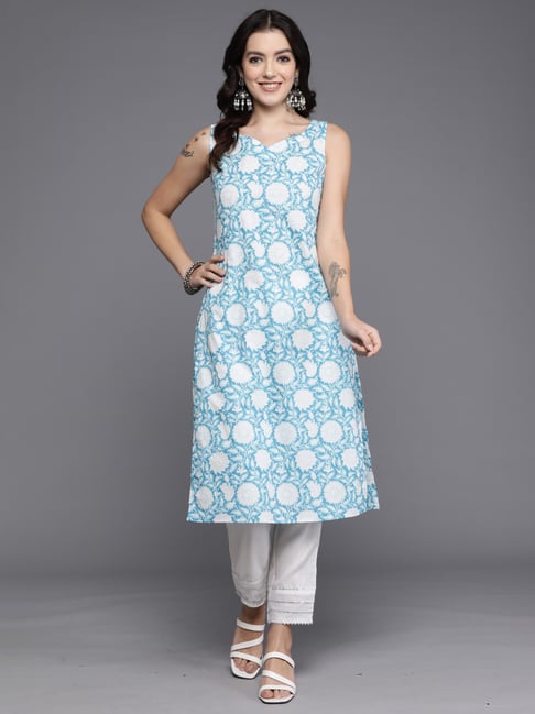 Indo Era Blue Cotton Printed Straight Kurta-image-42
