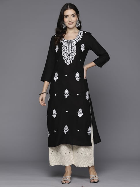 Indo Era Black Embroidered Straight Kurta-picture-25