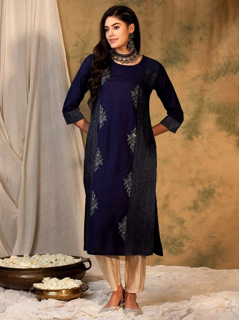 Indo Era Navy Embroidered Straight Kurta-image-27