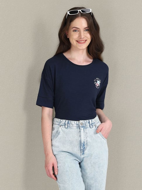 Buy Polo Navy Cotton Graphic Print T-Shirt for Women