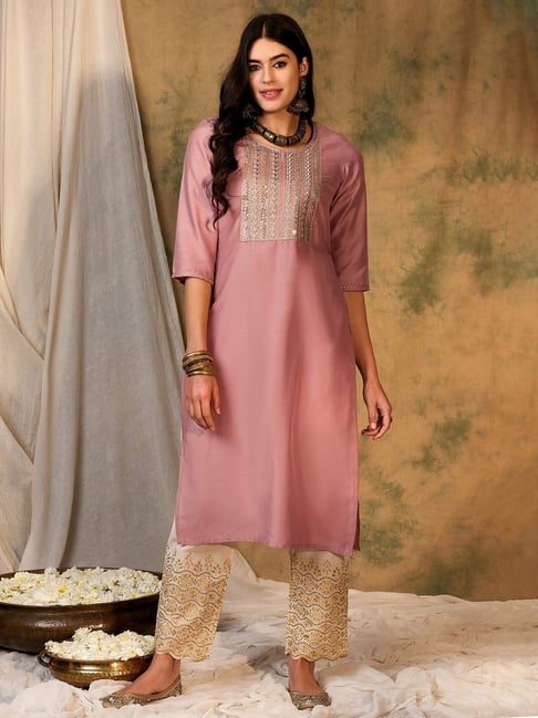 Indo Era Pink Embroidered Straight Kurta-image-31