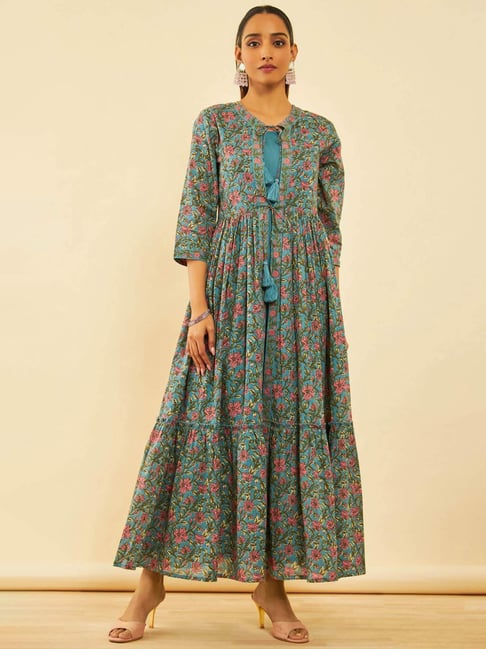 layered ethnic dress Floral Embroidered Layered Fit & Flare Maxi Ethnic Dress XS-34