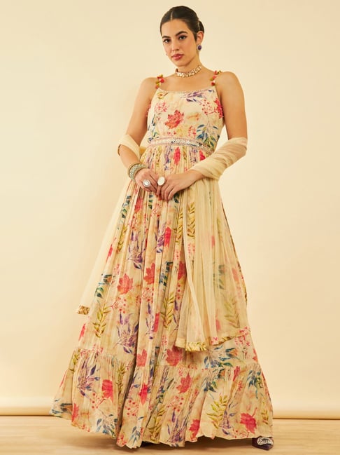 Soch Womens Beige Crepe Floral Printed Ethnic Gown With Dupatta