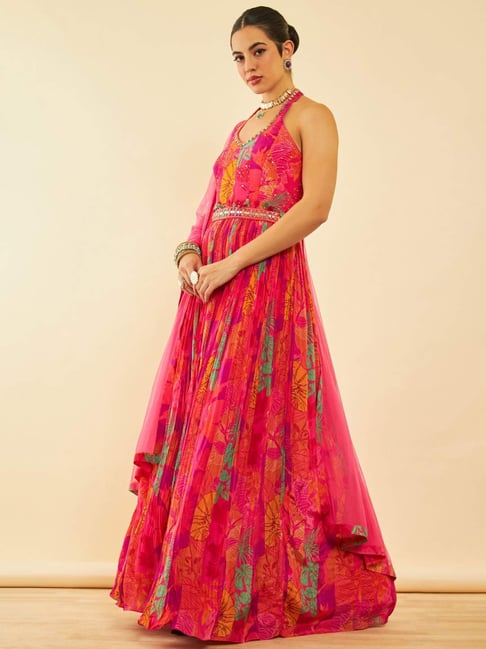 Soch Womens Fuchsia Crepe Botanical Printed Ethnic Gown With Dupatta