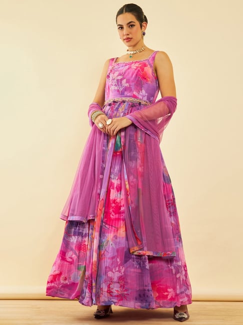 Soch Womens Purple Crepe Floral Printed Ethnic Gown With Dupatta
