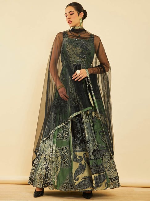 Soch Womens Green Crepe Ethnic Motif Printed Ethnic Gown With