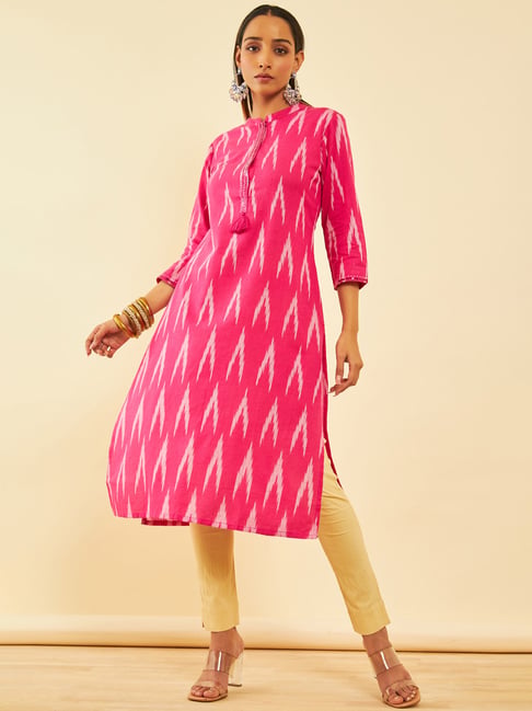 Soch Womens Pink Cotton Ikat Printed Straight Kurta With Sequins-picture-26