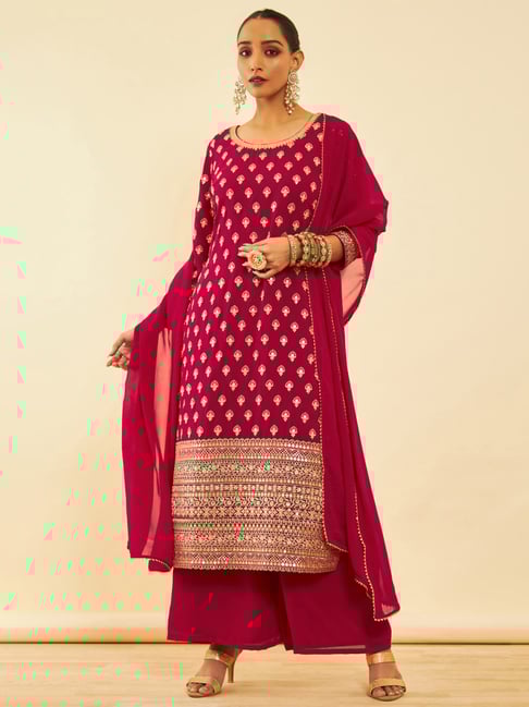 Soch Womens Fuchsia Georgette Sequinned Embellished Suit Set