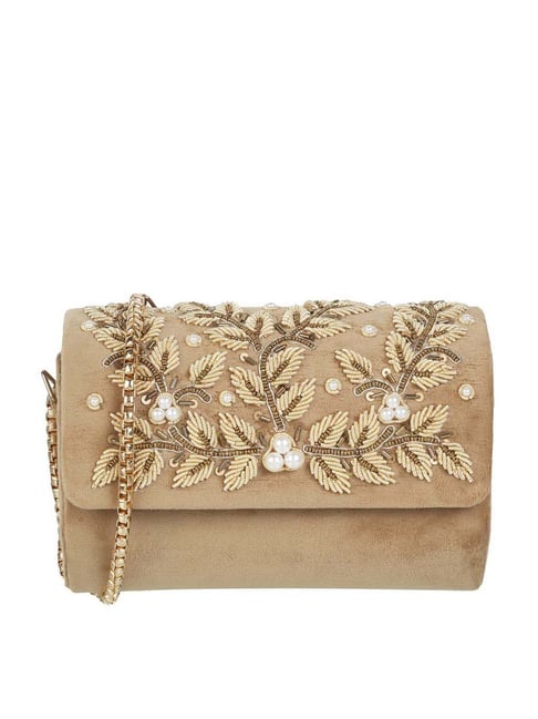 Mochi Beige Synthetic Embellished Envelope Clutch