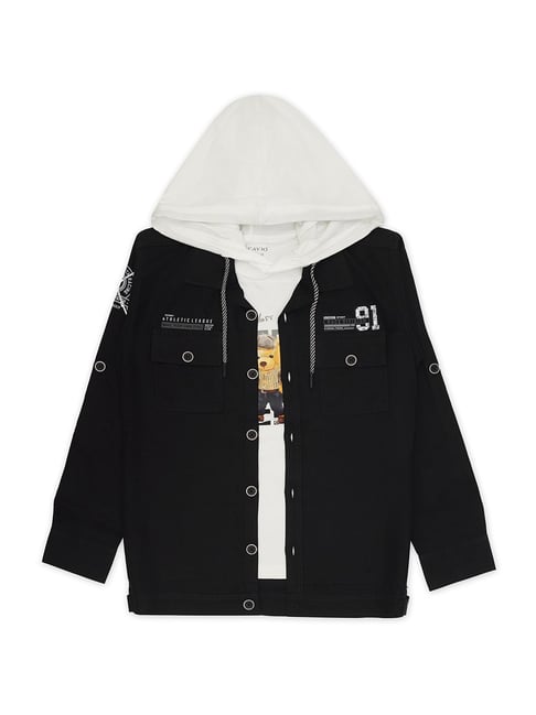 Cavio Kids Black White Printed Full Sleeves Jacket with T-Shirt