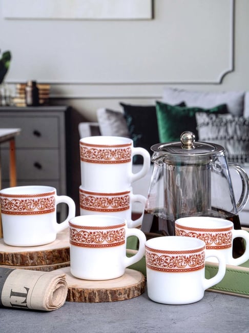 Cello White & Pink Opalware Coffee Mugs (0.1 L) - Set of 6