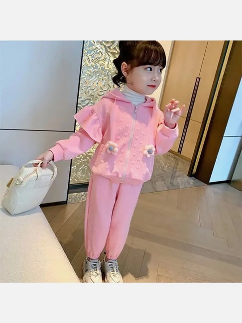 Little Surprise Box Kids Pink Printed Full Sleeves Hoodie with Joggers
