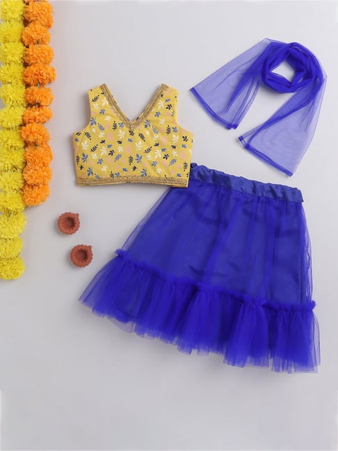 Many Frocks Kids Yellow & Blue Printed Lehenga, Choli with Dupatta-picture-13