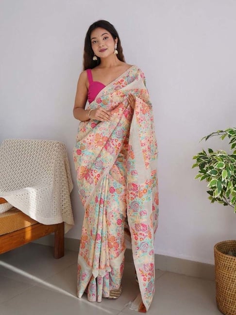 Floral Print White Organza Saree – Sunasa