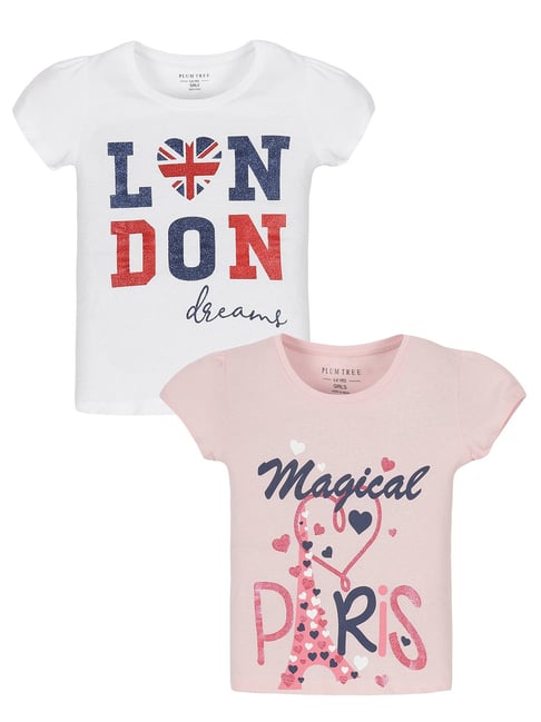 Plum Tree Kids White & Pink Printed T-Shirt (Pack Of 2)