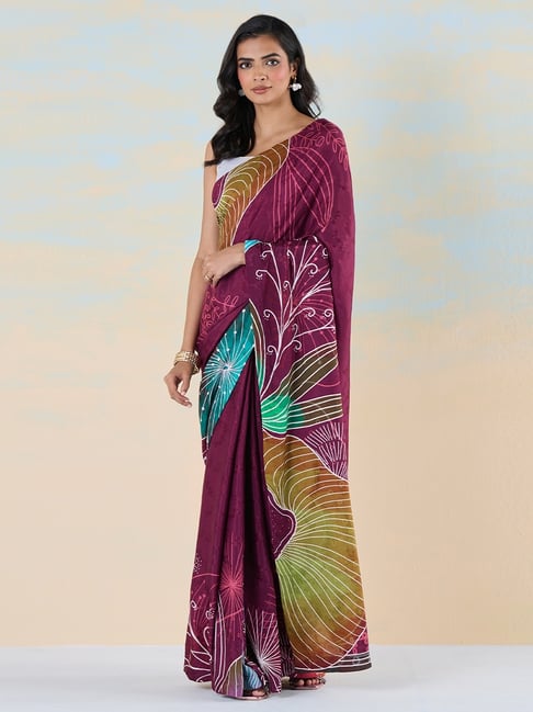 navyasa by liva Maroon & Yellow Printed Saree With Unstitched Blouse-picture-13