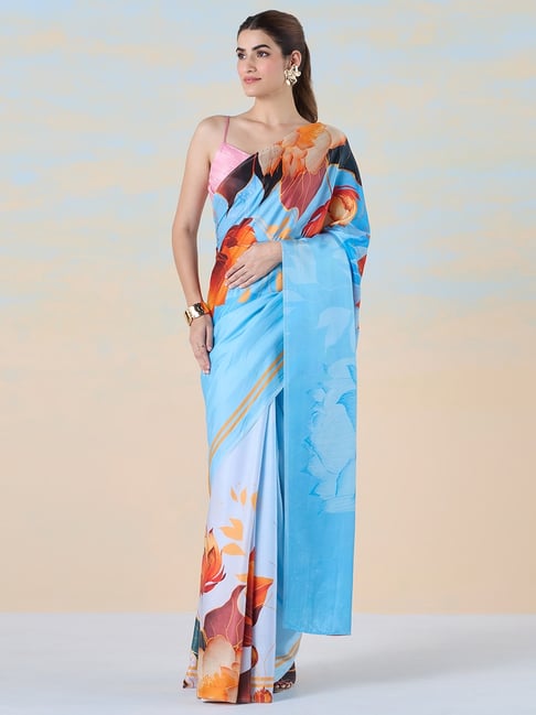 navyasa by liva Sky Blue & Orange Floral Print Saree With Unstitched Blouse-picture-23