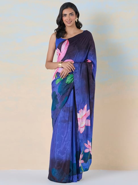 navyasa by liva Blue & Pink Floral Print Saree With Unstitched Blouse-picture-18