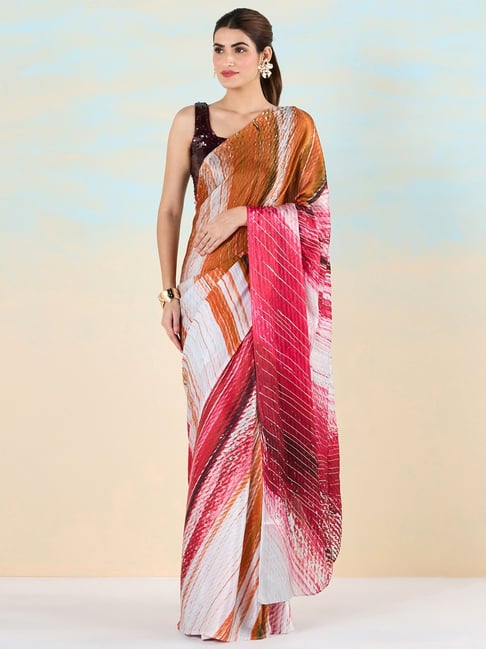 navyasa by liva Red & Orange Printed Saree With Unstitched Blouse-picture-29
