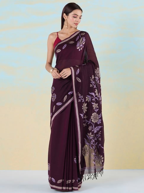 navyasa by liva Maroon Woven Saree With Unstitched Blouse-image-1