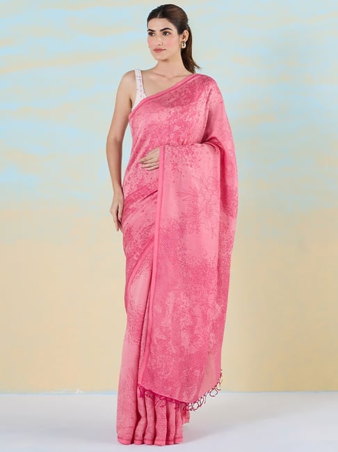 navyasa by liva Pink Floral Print Saree With Unstitched Blouse-picture-31