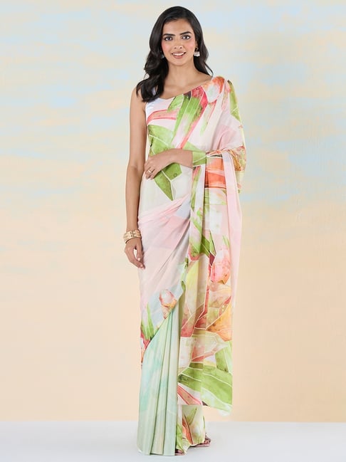 navyasa by liva White & Green Printed Saree With Unstitched Blouse-picture-36