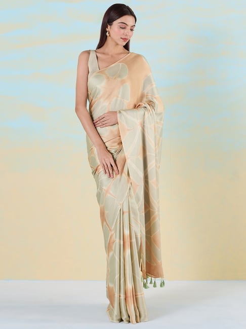navyasa by liva Brown & Green Geometric Print Saree With Unstitched Blouse-picture-33