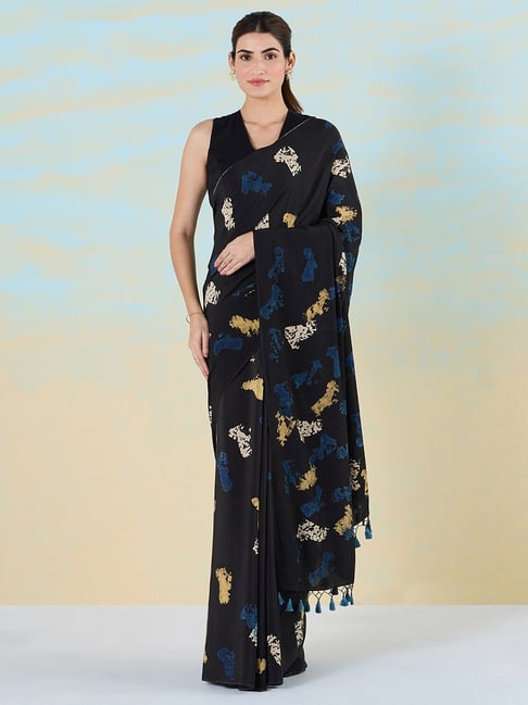 navyasa by liva Black & Blue Printed Saree With Unstitched Blouse-picture-45