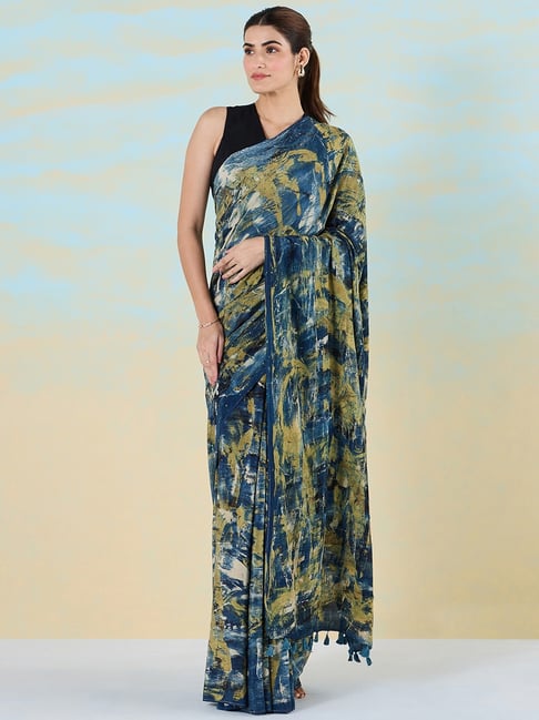 Ethnic Indigo Print Cotton Mulmul Saree With Blouse