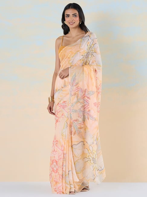 navyasa by liva Peach Printed Saree With Unstitched Blouse-picture-24