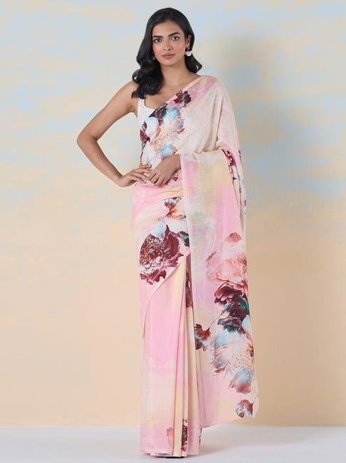 navyasa by liva Pink & Brown Floral Print Saree With Unstitched Blouse-picture-14