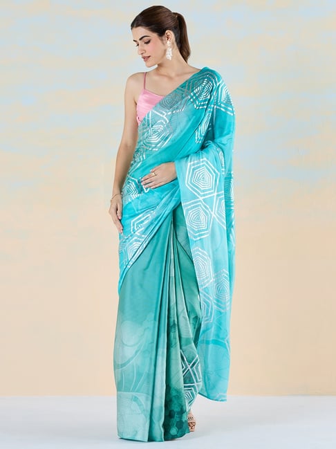 navyasa by liva Glowing Blue Printed Saree With Unstitched Blouse-picture-19