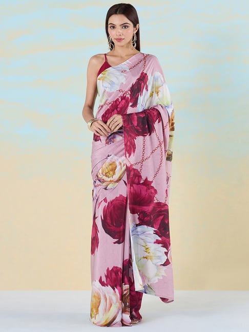 navyasa by liva Pink & Red Floral Print Saree With Unstitched Blouse-picture-46