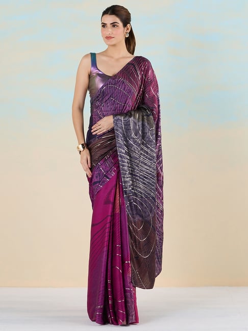 navyasa by liva Plum & Grey Printed Saree With Unstitched Blouse-picture-13