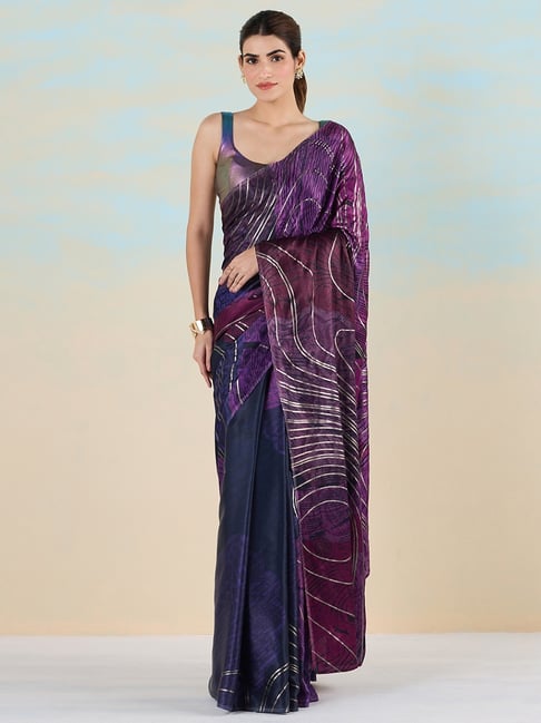navyasa by liva Purple & Blue Printed Saree With Unstitched Blouse-picture-24