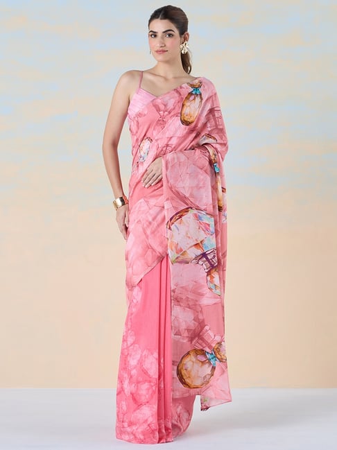 navyasa by liva Pink Printed Saree With Unstitched Blouse-picture-38