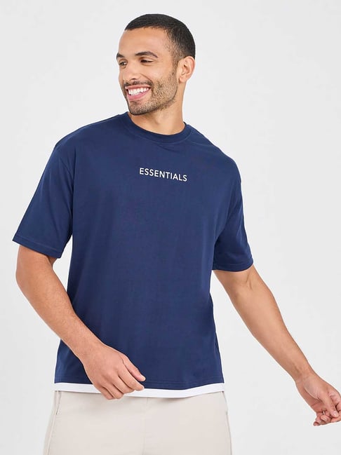 Buy Styli Navy Relaxed Fit Printed Oversized Crew T-Shirt for