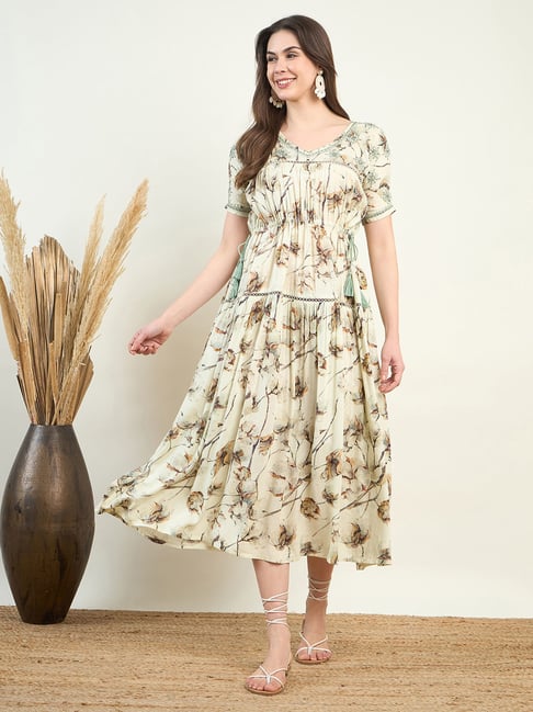 The Kaftan Company Off White Embroidered Fit & Flare Dress-image-36