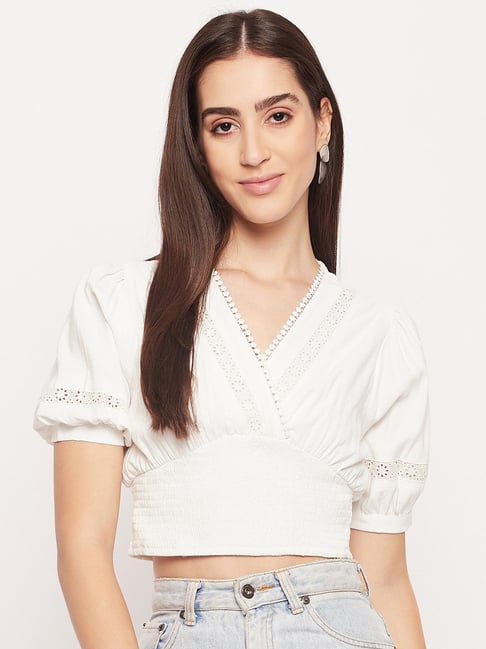 MADAME White Cotton Textured Crop Top