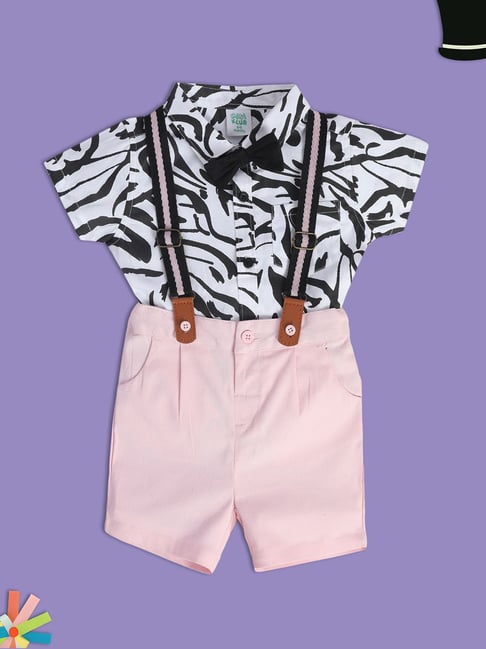MINIKLUB Kids White & Pink Printed Shirt, Shorts, Bow with Suspender
