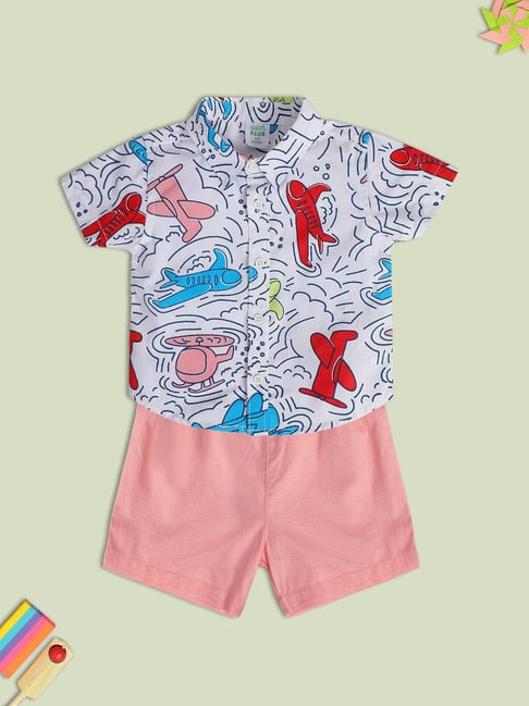 MINIKLUB Kids White & Pink Printed Shirt with Shorts